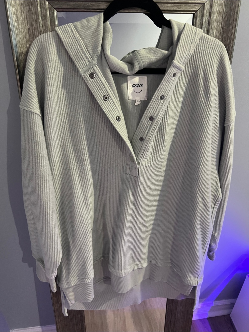 aerie Men's Sage Ribbed Snap-Front Hoodie Sweater